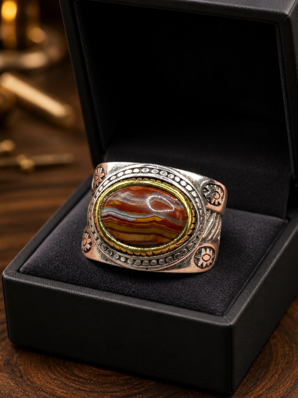 A Sterling Silver ring with a Multi Colored Crazy Lace Agate stone
